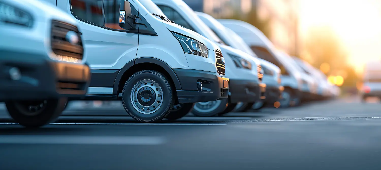 Ordentlich geparkte weiße Lieferwagen für ein Transportdienstleistungsunternehmen mit Textfläche